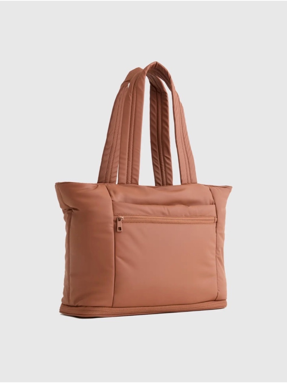 Quince Water Repellent Puff Expandable Tote with luggage sleeve in brown - Picture 5 of 8